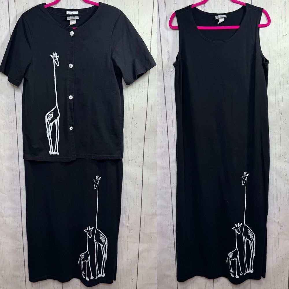 Vintage Fine Line Two Piece Giraffe Set Made in USA Black Cotton Lagenlook Artsy